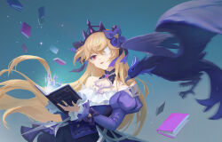 Rule 34 | 1girl, bird, blonde hair, book, chinese commentary, commentary request, crow, dress, eyepatch, fischl (ein immernachtstraum) (genshin impact), fischl (genshin impact), genshin impact, hair ornament, highres, holding, holding book, juliet sleeves, long hair, long sleeves, official alternate costume, official alternate eye color, oz (genshin impact), parted lips, puffy sleeves, purple dress, red eyes, shuang wu, tiara, two side up