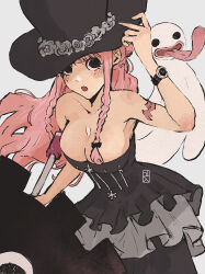Rule 34 | 1girl, artist request, bare arms, bare shoulders, black dress, black eyes, breasts, cleavage, devil fruit, dress, drill hair, eyes visible through hair, floating hair, hat, highres, holding, holding umbrella, horo horo no mi, large breasts, long hair, looking at viewer, one piece, perona, pink hair, shiny skin, smile, umbrella, very long hair