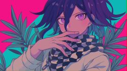Rule 34 | 1boy, checkered neckerchief, covered mouth, danganronpa (series), danganronpa v3: killing harmony, green background, hair between eyes, hand up, highres, long sleeves, male focus, neckerchief, oma kokichi, pink eyes, plant, red background, solo, upper body, urami0310