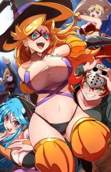 ahoge american_flag american_flag_print animal_print bat_print bat_wings blonde_hair blue_eyes blush breasts bridal_gauntlets capcom cleavage cleavage_cutout closed_mouth clothing_cutout copyright_request cosplay cross darkstalkers demon_girl domino_mask earrings elbow_gloves eye_mask fingerless_gloves flag_print friday_the_13th fujioka_yatsufusa fur-trimmed_leotard fur_trim gloves gold_bow halloween halloween_costume harem_pants hat head_wings heart_cutout highres hockey_mask holding holding_cross jacket jason_voorhees jason_voorhees_(cosplay) jewelry kamen_america kamen_america_(comic) kamen_comet kamen_ramen kamen_terra large_breasts leotard long_hair looking_at_viewer low_wings mask mask_on_head morrigan_aensland morrigan_aensland_(cosplay) multiple_girls navel off-shoulder_leotard open_mouth pants pantyhose patriotism ponytail print_pantyhose purple_pantyhose purple_wings red_eyes red_hair school_uniform shantae shantae_(cosplay) shantae_(series) short_hair smile solo star_(symbol) star_cutout star_earrings superhero_costume torn_clothes torn_jacket very_long_hair wings witch_hat