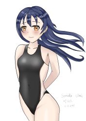 Rule 34 | 1girl, absurdres, arms behind back, artist name, artist request, bare legs, bare shoulders, black one-piece swimsuit, blue hair, blush, breasts, brown eyes, collarbone, female focus, floating hair, hair between eyes, highres, long hair, looking at viewer, love live!, love live! school idol project, one-piece swimsuit, parted lips, small breasts, smile, solo, sonoda umi, swimsuit, thighhighs, wavy hair, white background, yellow eyes
