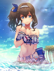 Rule 34 | 1girl, back bow, bad id, bad pixiv id, bikini, blue bow, blue eyes, blue nails, blue sky, blurry, blurry background, bow, brown hair, choker, closed mouth, cloud, collarbone, day, earrings, groin, hair between eyes, hair bow, hairband, highleg, highleg bikini, highres, idolmaster, idolmaster cinderella girls, idolmaster cinderella girls starlight stage, jewelry, jugemu (qqkyon), long hair, looking at viewer, nail polish, navel, outdoors, palm tree, sagisawa fumika, side ponytail, sky, smile, solo, sparkle, standing, striped bikini, striped clothes, sunlight, swimsuit, tree, vertical-striped bikini, vertical-striped clothes, wading, white bikini, white hairband