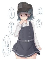 Rule 34 | 1girl, 88942731ne, arare (kancolle), arare kai ni (kancolle), belt, brown eyes, collared shirt, commentary request, dress, eyelashes, grey belt, grey hair, hat, highres, kantai collection, pinafore dress, shirt, short hair, short sleeves, sleeveless dress, solo, translation request, white background, white shirt