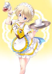 Rule 34 | 10s, 1girl, alternate costume, apron, blonde hair, blue eyes, blush, braid, character name, choker, closed mouth, coco&#039;s, collarbone, commentary request, cowboy shot, cup, darjeeling (girls und panzer), emblem, frilled apron, frilled skirt, frills, girls und panzer, highres, holding, holding tray, jacket, kuzuryuu kennosuke, layered skirt, leaning forward, looking at viewer, maid headdress, name tag, puffy short sleeves, puffy sleeves, ribbon choker, saucer, short hair, short sleeves, skirt, sleeveless, sleeveless jacket, smile, solo, st. gloriana&#039;s (emblem), standing, steam, striped clothes, striped skirt, swept bangs, tea, teacup, teapot, thighs, tray, twin braids, vest, waist apron, waitress, white apron, white skirt, wrist cuffs, yellow background, yellow choker, yellow jacket, yellow vest