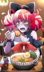 Rule 34 | 1girl, absurdres, ahoge, black bow, black dress, bow, bowl, breasts, chopsticks, cleavage, colored tongue, commentary, dress, drooling, eating, egg, english commentary, food, grey hair, hair bow, heterochromia, highres, holding, holding bowl, holding chopsticks, hololive, hololive indonesia, kureiji ollie, lemony, medium breasts, multicolored hair, noodles, open mouth, purple tongue, ramen, red bow, red eyes, red hair, solo, stitched face, stitched torso, stitches, stuffed animal, stuffed toy, symbol-shaped pupils, teddy bear, torn clothes, torn dress, two-tone hair, udin (kureiji ollie), virtual youtuber, x x, yellow eyes, zombie
