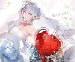 Rule 34 | 1girl, bad id, bad pixiv id, bouquet, bridal veil, choker, dress, flower, fukuda935, grey eyes, hair bun, hair flower, hair ornament, holding, holding bouquet, looking at viewer, parted lips, petals, rose, rose petals, short hair, silver hair, single hair bun, sinoalice, sketch, snow white (sinoalice), solo, teeth, veil, wedding, wedding dress, white dress
