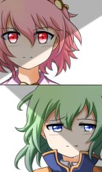 Rule 34 | 2girls, 2koma, blue eyes, blue vest, closed mouth, collar, collared shirt, comic, commentary request, eyes visible through hair, green hair, hair between eyes, hairband, heart, high collar, jitome, komeiji satori, multiple girls, no headwear, pink eyes, pink hair, shaded face, shiki eiki, shirt, short hair, silent comic, simple background, tearing up, tears, touhou, upper body, vest, white background, yi xing
