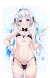 Rule 34 | 1girl, :q, amane kanata, amane kanata (nurse), angel wings, bare shoulders, bikini, black bikini, blue hair, blush, closed mouth, cocozasa, colored inner hair, cowboy shot, detached collar, female focus, flat chest, gloves, gluteal fold, groin, hair ornament, hand on own hip, highres, holding, holding syringe, hololive, licking lips, light smile, long hair, looking at viewer, maid, maid bikini, maid headdress, multicolored hair, navel, purple eyes, revision, side-tie bikini bottom, simple background, single glove, skindentation, smile, solo, standing, stomach, streaked hair, string bikini, swimsuit, syringe, thigh strap, tongue, tongue out, twintails, unconventional maid, upper body, very long hair, virtual youtuber, white background, white gloves, white hair, wings, wrist cuffs, x hair ornament