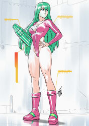 Rule 34 | 1girl, absurdres, arm cannon, blue eyes, breasts, cleavage, cleavage cutout, closed mouth, clothing cutout, collarbone, commentary, covered navel, english commentary, female focus, full body, green hair, groin, hair between eyes, hand on own hip, highleg, highleg leotard, highres, justin bailey, large breasts, leotard, long hair, long sleeves, metroid, nintendo, pink footwear, pink leotard, samus aran, signature, solo, standing, tekuho no habo, weapon