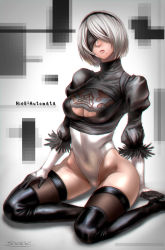 Rule 34 | 1girl, artist name, black thighhighs, blindfold, breasts, cameltoe, cleavage, cleavage cutout, clothing cutout, copyright name, covered navel, feather-trimmed sleeves, highleg, highleg leotard, highres, leotard, mole, mole under mouth, nier (series), nier:automata, parted lips, sgk, silver hair, sitting, solo, thighhighs, wariza, 2b (nier:automata)