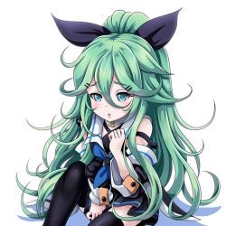 Rule 34 | 10s, 1girl, aqua eyes, black thighhighs, choker, commentary request, curly hair, detached sleeves, green hair, hair between eyes, hair ornament, hair ribbon, hairclip, kantai collection, long hair, looking at viewer, pleated skirt, revision, ribbon, school uniform, serafuku, sitting, skirt, solo, thighhighs, tk8d32, triangle mouth, very long hair, yamakaze (kancolle), zettai ryouiki