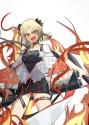 Rule 34 | 1girl, :d, arknights, blonde hair, breasts, bright pupils, choker, cowboy shot, dress, highres, horns, huge weapon, ifrit (arknights), medium breasts, nail polish, open mouth, orange eyes, short dress, short hair, simple background, smile, solo, thigh strap, weapon, white background, wristband, xiujia yihuizi