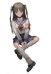 Rule 34 | 1girl, absurdres, armband, badge, black bow, black footwear, blue eyes, blue sailor collar, blue skirt, bow, bowtie, brown hair, button badge, closed mouth, collar, collarbone, commentary, full body, hair bow, highres, kneehighs, long hair, long sleeves, looking at viewer, loose socks, mole, mole under eye, original, pleated skirt, red armband, red bow, red bowtie, sailor collar, school uniform, serafuku, shirt, shirt tucked in, simple background, skirt, socks, solo, subfiction, two side up, white background, white shirt, white socks