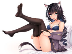 Rule 34 | 1girl, animal ear fluff, animal ears, black hair, black thighhighs, blue bra, blush, bra, breasts, cat ears, cat girl, cat tail, cleavage, from side, full body, green eyes, harino646, jacket, karyl (princess connect!), long hair, long sleeves, medium breasts, multicolored hair, no shoes, open mouth, pillow, princess connect!, simple background, sitting, solo, streaked hair, tail, thighhighs, underwear, undressing, white background, white hair