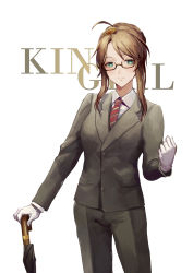 Rule 34 | 1girl, absurdres, ahoge, ajirui, alternate costume, alternate hairstyle, blush, braid, breasts, brown-framed eyewear, brown hair, buttons, clenched hand, closed umbrella, collared shirt, cowboy shot, dress shirt, formal, french braid, girls&#039; frontline, glasses, gloves, green eyes, hair ornament, hand up, highres, holding, holding umbrella, jacket, large breasts, lee-enfield (girls&#039; frontline), long hair, long sleeves, looking at viewer, necktie, pants, pocket, shirt, simple background, smile, solo, standing, striped clothes, striped jacket, striped necktie, striped pants, suit, swept bangs, umbrella, white background, white gloves, white shirt