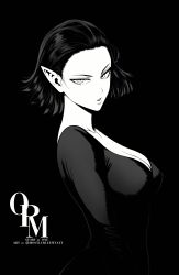 Rule 34 | 1girl, absurdres, black background, black dress, black hair, breasts, cleavage, collarbone, dress, elf, fubuki (one-punch man), highres, large breasts, looking at viewer, monochrome, mostlybluewyatt, one-punch man, open mouth, pointy ears, short hair, simple background, solo, standing, upper body