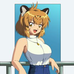 Rule 34 | 10s, 1990s (style), 1girl, against railing, alternate costume, animal ears, anime coloring, bad id, bad nicoseiga id, bare arms, bare shoulders, blonde hair, blue background, commentary request, iwahana, jaguar (kemono friends), jaguar ears, jewelry, kemono friends, leaning against railing, necklace, open mouth, pants, parody, pendant, railing, retro artstyle, shirt, short hair, sleeveless, sleeveless shirt, smile, solo, style parody, white background, yellow eyes