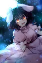 Rule 34 | 1girl, :d, animal ears, bamboo, bamboo forest, black hair, blush, dress, forest, highres, huang li ling, inaba tewi, looking at viewer, moonlight, nature, night, open mouth, orange eyes, pink dress, rabbit ears, short hair, smile, solo, touhou