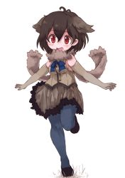 Rule 34 | 10s, 1girl, absurdres, bare shoulders, bird wings, blue pantyhose, blue ribbon, brown hair, elbow gloves, emu (kemono friends), flats, frilled skirt, frills, fur collar, gloves, head wings, highres, kemono friends, kolshica, neck ribbon, pantyhose, pleated skirt, red eyes, ribbon, running, scarf, short hair, simple background, skirt, sleeveless, solo, white background, wings