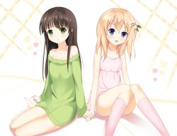 Rule 34 | 2girls, absurdres, argyle, argyle background, argyle clothes, bare legs, bare shoulders, barefoot, blunt bangs, blush, breasts, brown hair, chair, cleavage, closed mouth, collarbone, commentary, dress, flower, gochuumon wa usagi desu ka?, green eyes, green sweater, hair flower, hair ornament, hairclip, heart, highres, holding hands, hoto cocoa, kneehighs, knees together feet apart, long hair, long sleeves, looking at viewer, lounge chair, maki ookami, multiple girls, nightgown, off shoulder, open mouth, orange hair, pink dress, pink flower, pink legwear, purple eyes, sitting, sleeveless, sleeveless dress, small breasts, smile, socks, sweater, sweater dress, ujimatsu chiya, white background