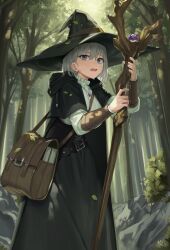 Rule 34 | 1girl, absurdres, bag, black capelet, black hat, black skirt, blue eyes, breasts, capelet, commentary, commission, day, forest, goback, grey hair, hair between eyes, hat, highres, holding, holding staff, hood, hood down, hooded capelet, leaf, looking at viewer, medium breasts, nature, open mouth, original, outdoors, shirt, shoulder bag, skirt, solo, staff, tree, white shirt, witch hat