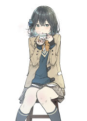 Rule 34 | 1girl, absurdres, black hair, blue bow, blue hair, blue sweater, blush, bow, bowtie, brown jacket, collared shirt, colored inner hair, commentary request, cup, feet out of frame, green eyes, grey skirt, hair bow, hands up, highres, holding, holding cup, hot drink, jacket, keechino, knees together feet apart, long sleeves, looking at viewer, looking to the side, miyamai moca, multicolored hair, on stool, open mouth, orange bow, orange bowtie, pleated skirt, raised eyebrows, school uniform, shirt, simple background, sitting, skirt, solo, steam, stool, sweater, teacup, voicepeak, white background, white shirt