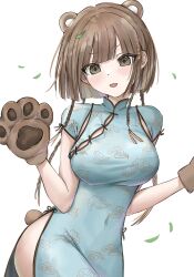Rule 34 | 1girl, animal ears, animal hands, bear ears, bear tail, blue dress, blunt bangs, blunt ends, bob cut, braid, breasts, brown eyes, brown gloves, brown hair, bungppang, chinese clothes, cloud print, covered navel, cowboy shot, dress, falling leaves, gloves, hands up, head tilt, highres, large breasts, leaf, light blush, looking at viewer, multiple braids, open mouth, original, paw gloves, short eyebrows, short hair with long locks, short sleeves, simple background, smile, solo, tail, tight clothes, tight dress, v-shaped eyebrows, white background