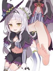 Rule 34 | 1girl, absurdres, barefoot, black capelet, black gloves, black skirt, blunt bangs, blush, capelet, commentary, cropped shirt, fang, feet, foot focus, gloves, grey hair, hair bun, hat, highres, hololive, leg up, long hair, looking at viewer, ludo0109, midriff, multiple views, murasaki shion, murasaki shion (1st costume), navel, paid reward available, panties, pantyshot, parted lips, shirt, simple background, single barefoot, single side bun, single thighhigh, skirt, smile, smug, soles, striped clothes, striped shirt, striped thighhighs, sweat, thighhighs, toes, underwear, v-shaped eyebrows, vertical-striped clothes, vertical-striped shirt, vertical-striped thighhighs, virtual youtuber, white background, white panties, witch hat, yellow eyes
