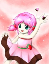 Rule 34 | 1girl, apollo chocolate, arm up, borrowed character, chocolate, clothes lift, dress, food, fruit, green eyes, hair ornament, lowres, oekaki, parody, personification, pink hair, skirt, skirt lift, solo, strawberry, style parody, zun (style)