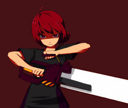 Rule 34 | 1girl, ahoge, angry, chainsaw, clenched hand, clenched hands, menea, original, red eyes, red hair, solo