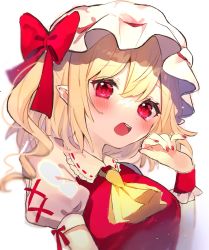 Rule 34 | 1girl, arm up, ascot, blonde hair, blush, bow, breasts, chikuwa (tikuwaumai ), commentary request, flandre scarlet, hat, hat bow, highres, large breasts, looking at viewer, mob cap, nail polish, no wings, one side up, open mouth, puffy short sleeves, puffy sleeves, red bow, red eyes, red nails, shirt, short hair, short sleeves, simple background, solo, teeth, touhou, upper body, upper teeth only, white background, white hat, white shirt, wrist cuffs, yellow ascot