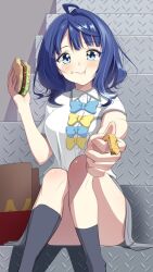 1girl ahoge black_socks blue_bow blue_eyes blue_hair blush bow breasts burger collared_shirt eating food food_on_face french_fries grey_skirt highres holding holding_burger holding_food incoming_food knee_blush large_breasts looking_at_viewer make_heroine_ga_oo_sugiru! medium_hair mochiya_verbeta multicolored_hair shirt short_sleeves sitting sitting_on_stairs skirt socks stairs streaked_hair summer_uniform thick_thighs thighs wavy_hair white_shirt yanami_anna yellow_bow