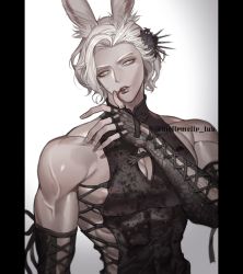 Rule 34 | 1boy, absurdres, animal ears, biceps, bra, character request, cross, final fantasy, final fantasy xiv, fingerless gloves, gloves, grey hair, hand up, highres, lace, lace-trimmed bra, lace trim, male focus, mell (dmwe3537), muscular, muscular male, pectoral cleavage, pectorals, rabbit ears, solo, toned, toned male, underwear, upper body, warrior of light (ff14), white background