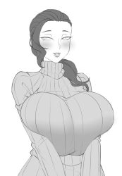 Rule 34 | 1girl, ayako (twrlare), blush, breasts squeezed together, breasts, forehead, greyscale, high collar, highres, huge breasts, light smile, lips, mature female, mole, monochrome, original, ponytail, ribbed sweater, short hair, sketch, smile, solo, sweater, twrlare