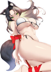 Rule 34 | 1girl, animal ear fluff, animal ears, arms behind back, ass, bikini, black hair, blueorca, blush, bound, bound arms, breasts, bright pupils, closed mouth, forehead, from below, front-tie bikini top, front-tie top, green eyes, highres, large breasts, long hair, looking at viewer, navel, original, parted hair, ribbon, side-tie bikini bottom, simple background, solo, swimsuit, tail, underboob, white background, wolf ears, wolf girl, wolf tail