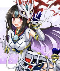 Rule 34 | 1girl, :d, arm up, bandaged arm, bandaged hand, bandages, black hair, braces, breasts, chest jewel, colored inner hair, commentary request, fingernails, fox mask, gem, gradient background, hands up, hisin, jpeg artifacts, kasandra (xenoblade), letterboxed, long hair, looking at viewer, mask, mask on head, medium breasts, multicolored hair, open mouth, outside border, pointy ears, purple background, purple hair, red eyes, sharp fingernails, slit pupils, smile, solo, sparkle, xenoblade chronicles (series), xenoblade chronicles 2