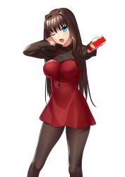 Rule 34 | 1girl, absurdres, aozaki aoko, black pantyhose, black sweater, blue eyes, blush, box, breasts, brown hair, buttons, chocolate, commentary request, cqqz0707, dress, gift, gift box, hair between eyes, hair intakes, highres, holding, holding gift, large breasts, long hair, long sleeves, looking at viewer, mahou tsukai no yoru, one eye closed, open mouth, outstretched arm, pantyhose, reaching, reaching towards viewer, red dress, simple background, solo, sweater, tongue, turtleneck, turtleneck sweater, valentine, white background