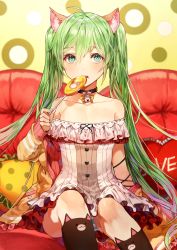 Rule 34 | 1girl, ahoge, animal ears, bell, candy, cat ears, collar, couch, cushion, eating, food, green eyes, green hair, hatsune miku, jingle bell, kim eb, kneehighs, lollipop, long hair, neck bell, panties, sitting, socks, solo, striped clothes, striped panties, twintails, underwear, vocaloid