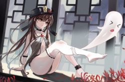 Rule 34 | 1girl, alternate ass size, ankle scrunchie, arm rest, arm scrunchie, black choker, black headwear, black panties, breasts, brown hair, choker, closed mouth, flower, frills, genshin impact, ghost, hair between eyes, hat, hat flower, highres, hu tao (genshin impact), knees up, long hair, outstretched leg, panties, scrunchie, simple background, sitting, small breasts, symbol-shaped pupils, thigh strap, twintails, underwear, yukinokoe