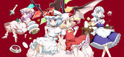 Rule 34 | 4girls, bad id, bad pixiv id, blonde hair, blue eyes, blue hair, cake, candle, cup, female focus, flandre scarlet, food, highres, izayoi sakuya, jam, knife, macaron, maid, maid headdress, multiple girls, patchouli knowledge, pie, purple hair, red background, remilia scarlet, short hair, silver hair, simple background, smile, takahata yuki, tea, teacup, teapot, tiered tray, touhou, tray, wings