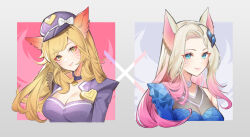 Rule 34 | 1girl, ahri (league of legends), black headwear, blonde hair, blue eyes, bow, breasts, chibi vanille, cleavage, closed mouth, facial mark, fox tail, hat, hat bow, heart, k/da (league of legends), k/da ahri, large breasts, league of legends, long hair, long sleeves, looking at viewer, multiple views, orange eyes, pink background, pink hair, popstar ahri, portrait, smile, tail, whisker markings, white bow