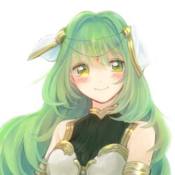 Rule 34 | 1girl, armlet, armor, bare shoulders, blush, boobplate, breastplate, breasts, circlet, closed mouth, fire emblem, fire emblem echoes: shadows of valentia, gem, green eyes, hair between eyes, hair intakes, headdress, light green hair, liondance 0220, long hair, looking at viewer, medium breasts, nintendo, red gemstone, simple background, sleeveless, smile, solo, tatiana (fire emblem), upper body, white armor, white background