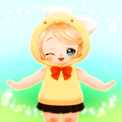 Rule 34 | 1girl, ;3, ;d, animal hood, bare arms, bare shoulders, beamed quavers, black skirt, blonde hair, blue eyes, blush, bow, bowtie, child, cowboy shot, dancing, full body, gradient background, hair bow, hair ornament, hairclip, happy, hood, hood up, hoodie, kagamine rin, looking at viewer, miniskirt, moe (phrase), musical note, one eye closed, open mouth, outstretched arms, pleated skirt, quaver, red bow, red bowtie, short hair, skirt, sleeveless, smile, solo, souri, standing, swept bangs, tareme, treble clef, vocaloid