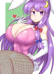 Rule 34 | 1girl, alternate costume, animal ears, blunt bangs, breasts, cleavage, crescent, crescent hair ornament, fake animal ears, fishnet pantyhose, fishnets, hair ornament, highres, large breasts, leotard, long hair, norori, pantyhose, patchouli knowledge, playboy bunny, purple eyes, purple hair, rabbit ears, solo, strapless, strapless leotard, touhou, very long hair