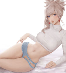 Rule 34 | 1girl, absurdres, arm support, bed sheet, blue eyes, breasts, closed mouth, commentary, cropped sweater, denim, denim shorts, earrings, english commentary, fate/grand order, fate (series), folded ponytail, hand on own thigh, highres, jewelry, lips, long sleeves, looking at viewer, lying, medium breasts, micro shorts, miyamoto musashi (fate), navel, on side, quilm, ribbed panties, shorts, signature, solo, sweater, thigh gap, thighs, torn clothes, torn shorts, turtleneck, turtleneck sweater, white hair, white sweater