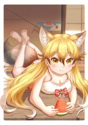 Rule 34 | 1girl, animal ear fluff, animal ears, barefoot, bikini, blonde hair, breasts, cleavage, commentary, eating, extra ears, ezo red fox (kemono friends), feet, food, fox ears, fox girl, fox tail, fruit, highres, holding, holding food, holding fruit, kemomimizuku, kemono friends, large breasts, long hair, looking at viewer, lying, on stomach, sarong, soles, solo, swimsuit, tail, the pose, toes, watermelon, white bikini, yellow eyes