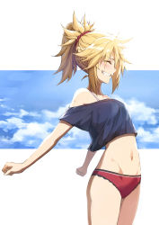 Rule 34 | 1girl, blonde hair, blouse, blue shirt, braid, breasts, fate/apocrypha, fate (series), female focus, half up braid, highres, long hair, mordred (fate), mordred (fate/apocrypha), no pants, panties, parted bangs, ponytail, red panties, shirt, sidelocks, small breasts, solo, thighs, tonee, underwear