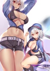 Rule 34 | 1girl, alternate costume, azur lane, bikini, bikini top only, bikini under clothes, blush, breasts, car, hair between eyes, highres, large breasts, looking at viewer, motor vehicle, multiple views, navel, on vehicle, open mouth, pdxen, race queen, red eyes, short hair, short shorts, shorts, sirius (azur lane), sitting, smile, swimsuit, swimsuit under clothes, white hair
