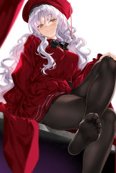 Rule 34 | 1girl, beret, black pantyhose, breasts, brooch, caren hortensia, caren hortensia (amor caren), caren hortensia (amor caren) (second ascension), cle masahiro, dress, fate/grand order, fate (series), feet, hat, highres, jewelry, large breasts, long hair, long sleeves, looking at viewer, neck ribbon, pantyhose, parted lips, red dress, red hat, ribbon, shawl, simple background, sitting, smile, soles, solo, thighs, toes, wavy hair, white hair, yellow eyes