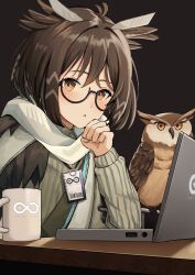 Rule 34 | 1girl, :o, absurdres, animal, arknights, bird, black-framed eyewear, brown background, brown eyes, brown hair, clenched hand, computer, cup, grey sweater, hand up, highres, laptop, long sleeves, looking at viewer, mug, official alternate costume, owl, owl ears, rhine lab logo, ribbed sweater, scarf, semi-rimless eyewear, short hair, silence (arknights), silence (frosted breath) (arknights), simple background, solo, sweater, table, under-rim eyewear, upper body, white scarf, yan kodiac